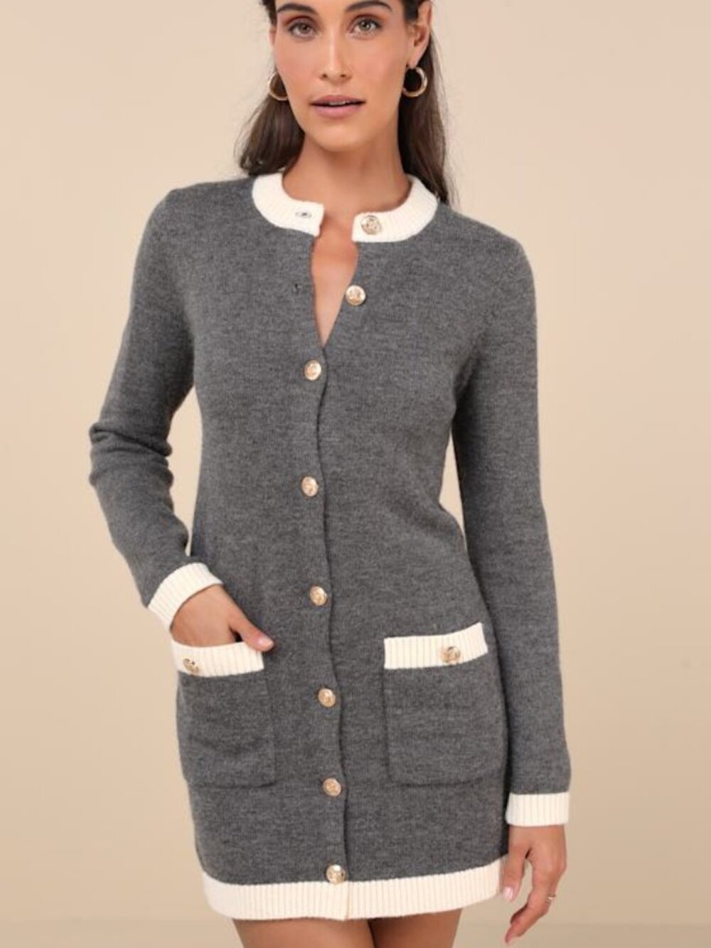 Lulus Sophisticatedly Cozy Grey And Ivory Button-up Sweater Mini Dress - Size XS